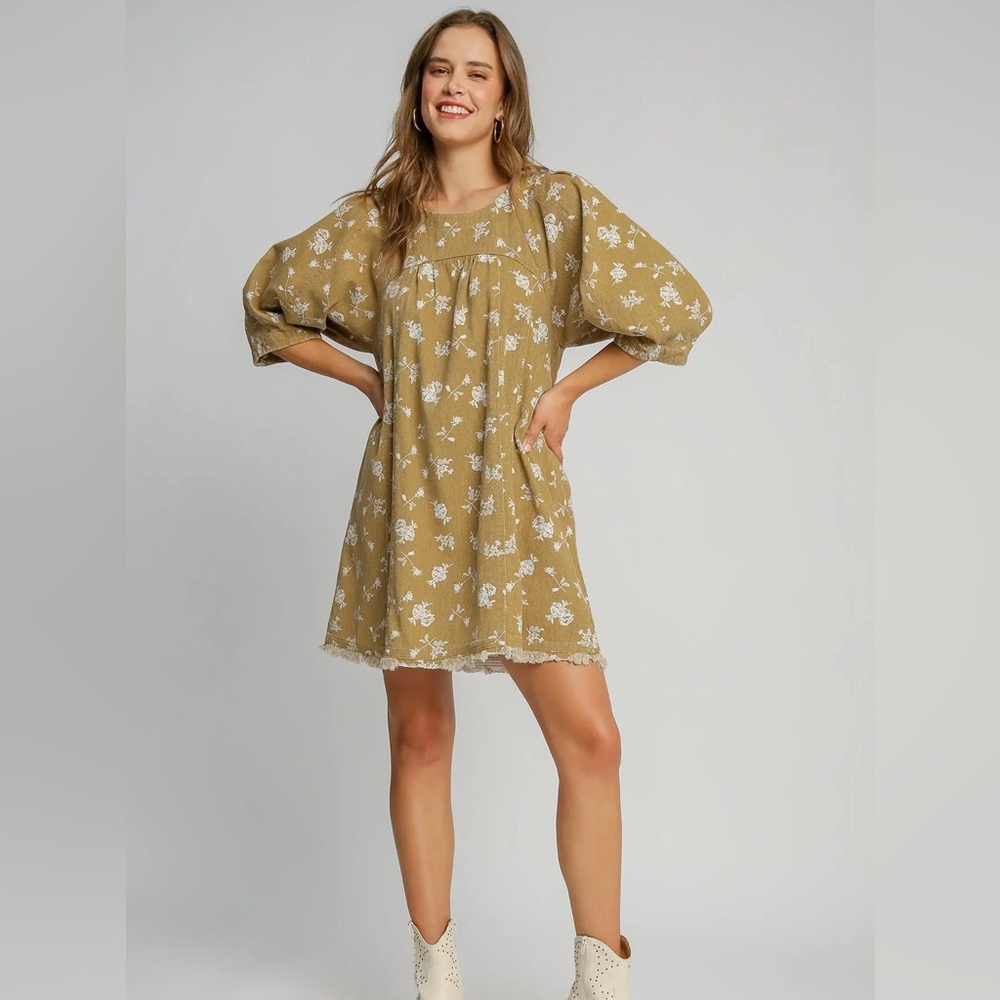 Floral Puff Sleeve Dress in Tan